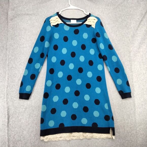 hanna andersson Sweater Dress Girls Size 12 150 Blue Polka Dot Lace Trim Ruffle - Picture 1 of 12